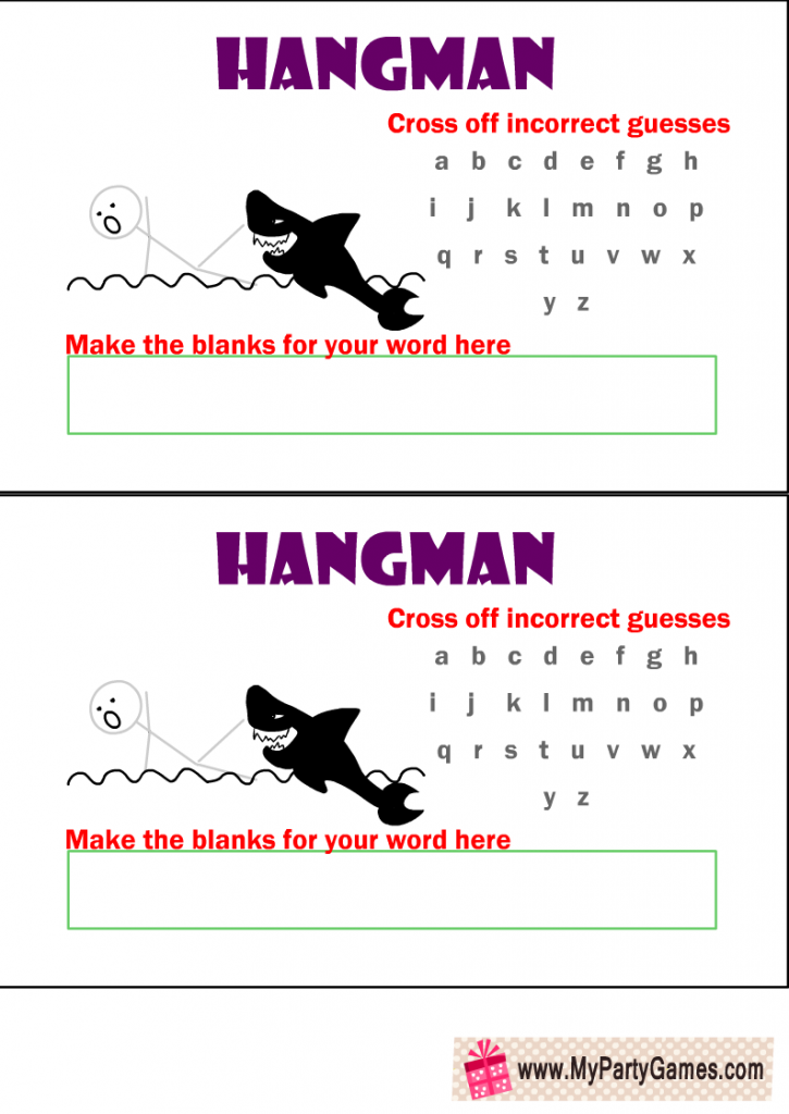 Hangman Game Free Printable with Man and a Shark