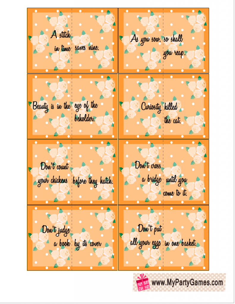 Split Proverbs Ice-breaker Game Cards in Orange Color