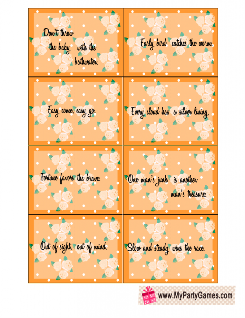 Split Proverbs Ice-breaker Game Cards in Orange Color