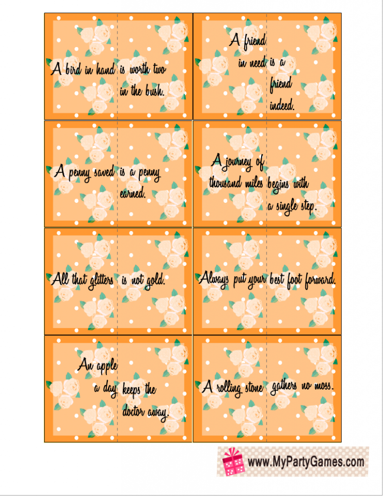 Split Proverbs Ice-breaker Game Cards in Orange Color