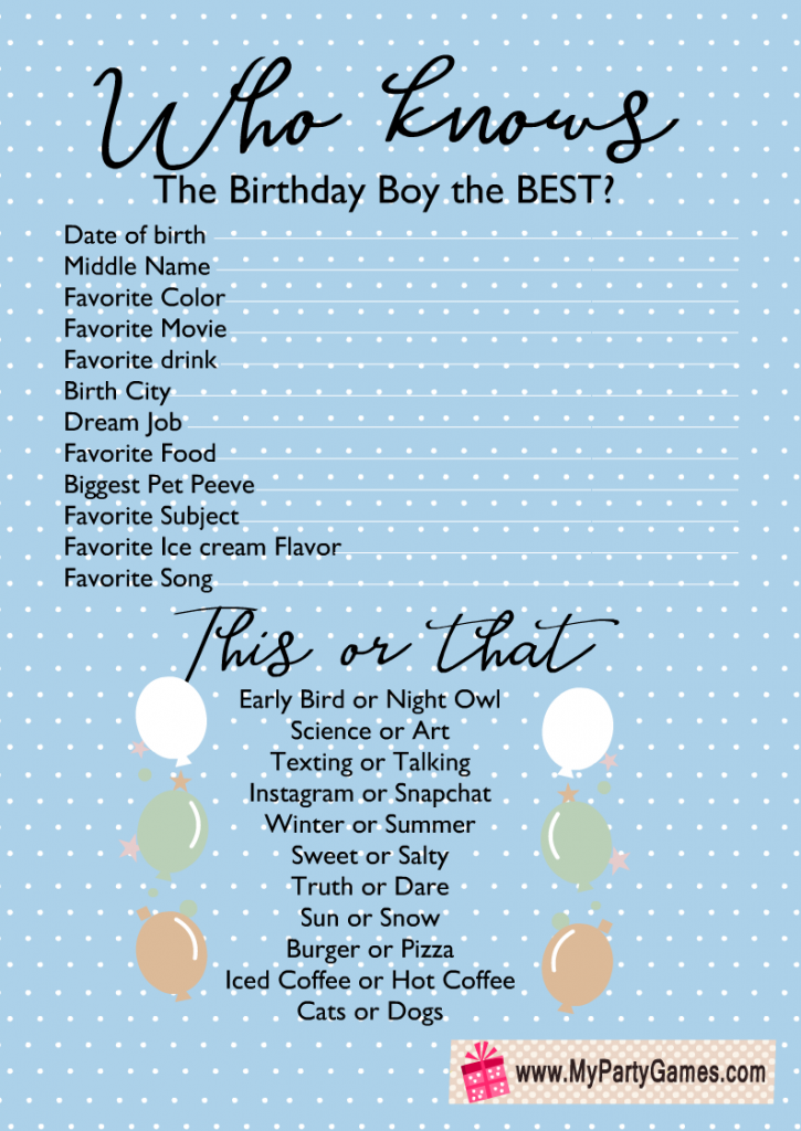 Free Printable Who knows the Birthday Boy the Best?