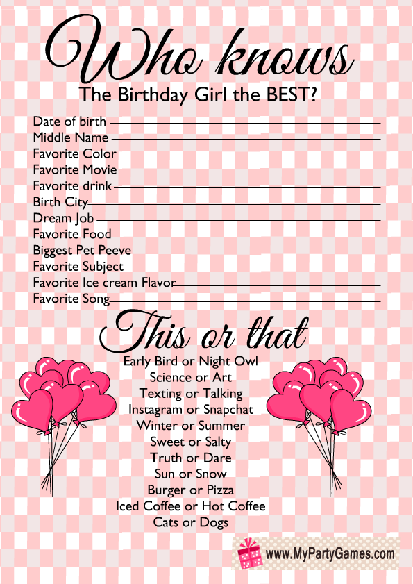Free Printable Who knows the Birthday Girl the Best?