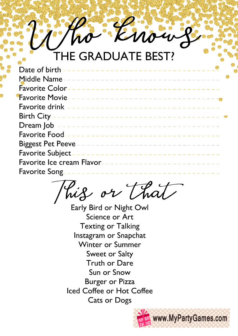 Free Printable Who Knows The Graduate Best Game