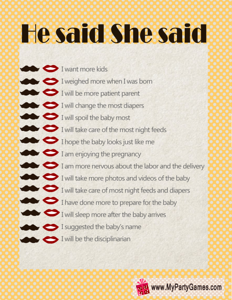 Free Printable He Said, She Said Game for Baby Shower