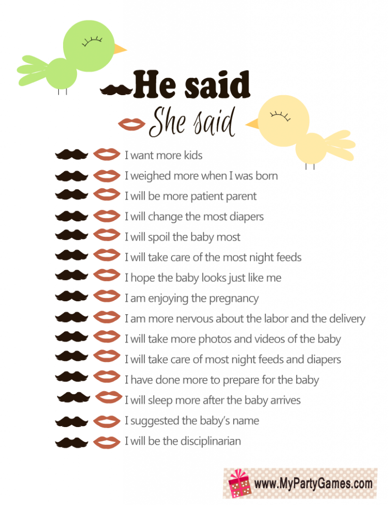 Free Printable He Said, She Said Baby Shower Game