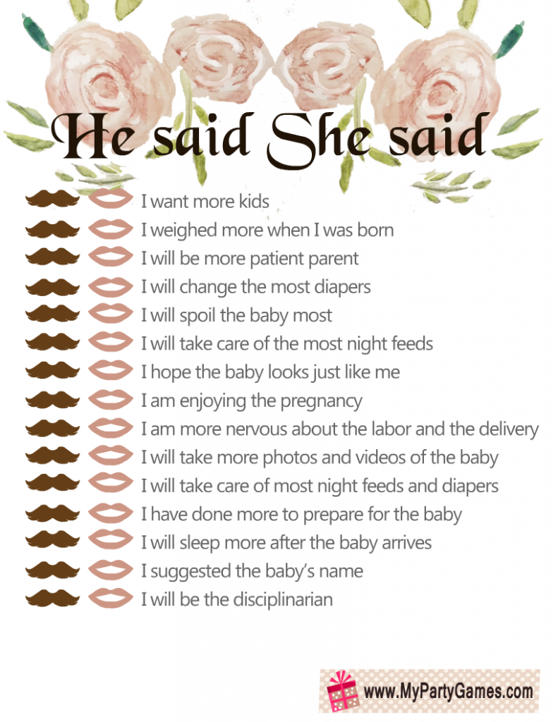 He Said, She Said Printable Game for Baby Shower