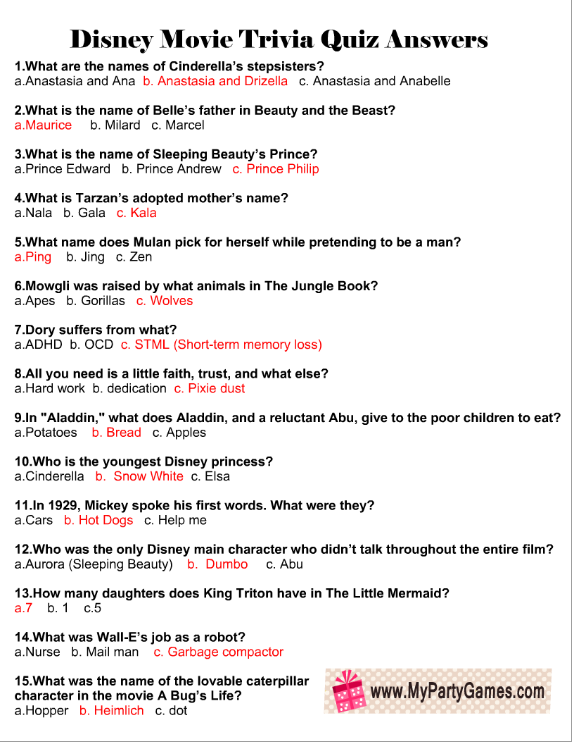 Free Printable Disney Movie Trivia Quiz