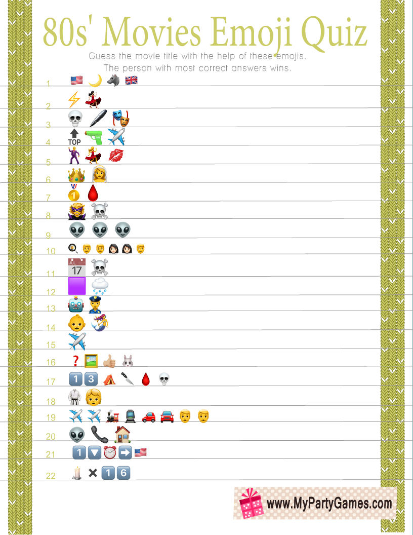 Free Printable 80s' Movies Emoji Quiz