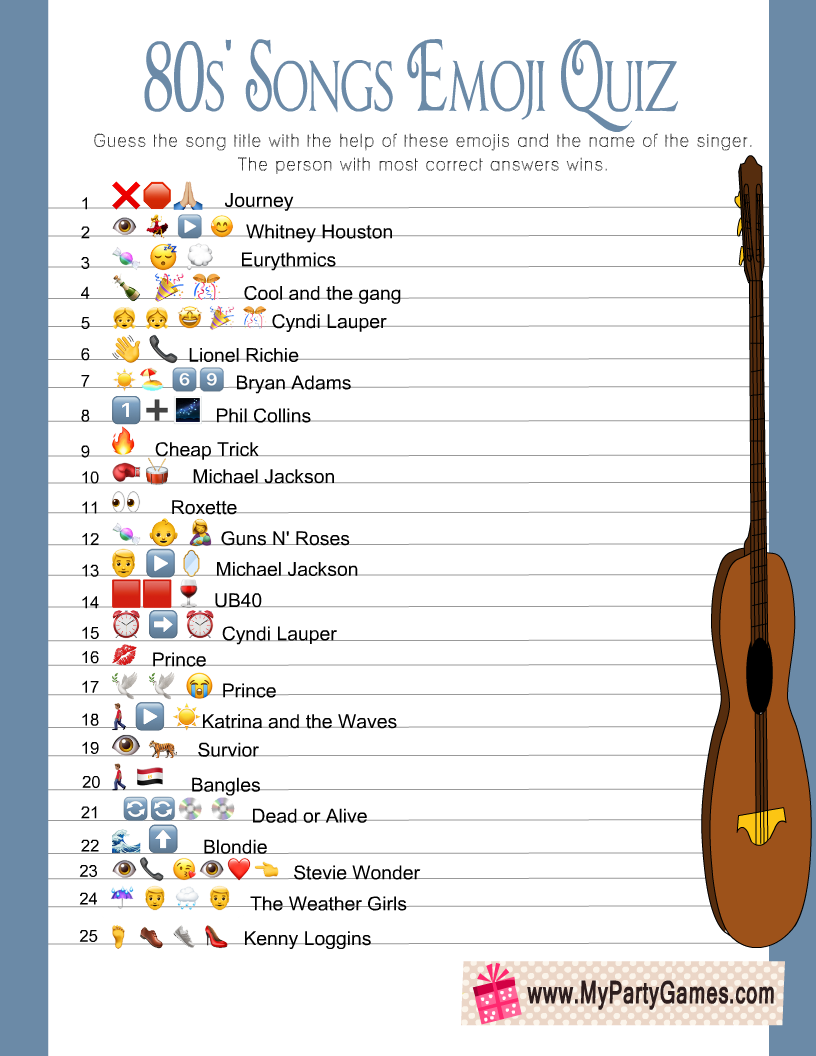 80s' Songs Emoji Quiz Printable 