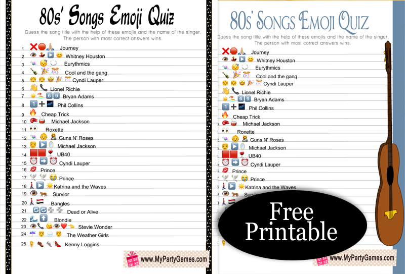 Free Printable 80s' Songs Emoji Quiz