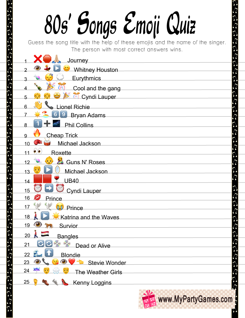 Free Printable 80s' Songs Emoji Quiz 
