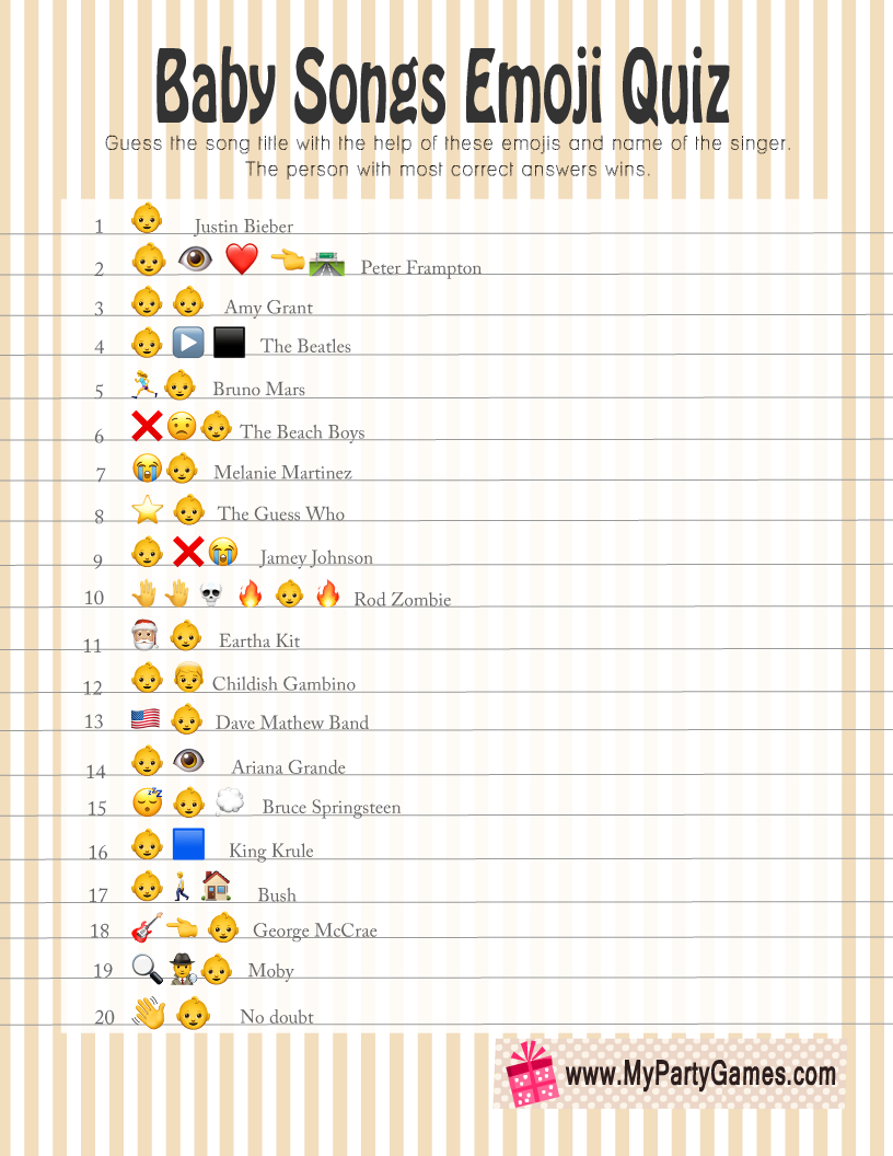 Free Printable Baby Songs Emoji Quiz