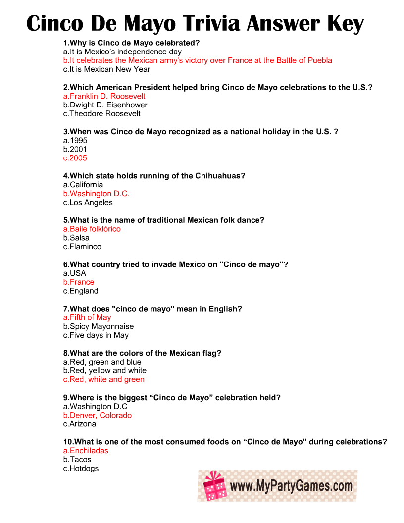 Cinco de Mayo Trivia Quiz Answer Key