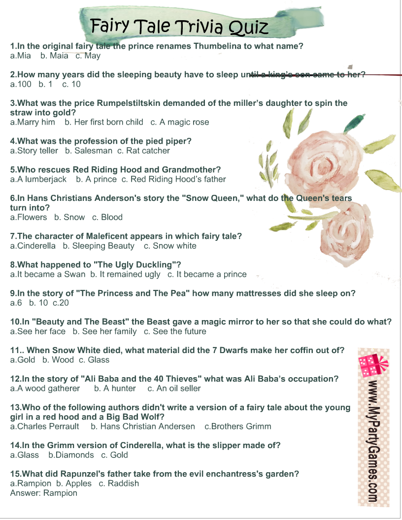 Free Printable Fairy Tale Trivia Quiz