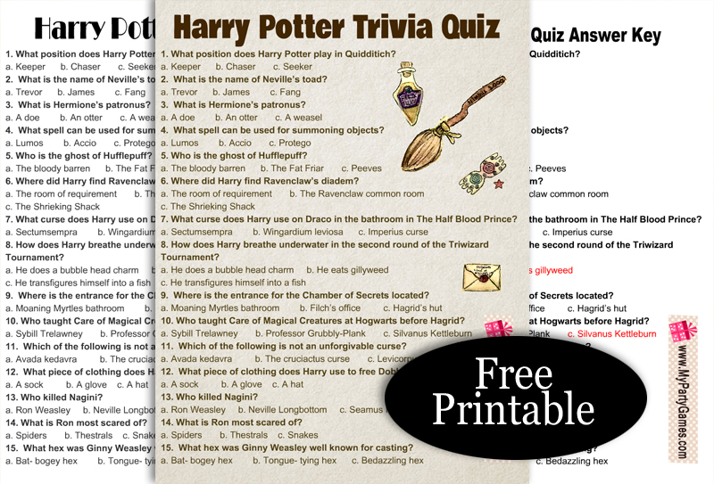 Free Printable Harry Potter Trivia Quiz with Answer Key