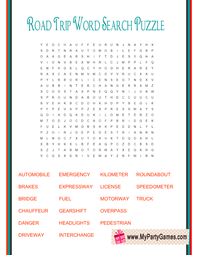 Free Printable Road Trip Word Search Puzzle