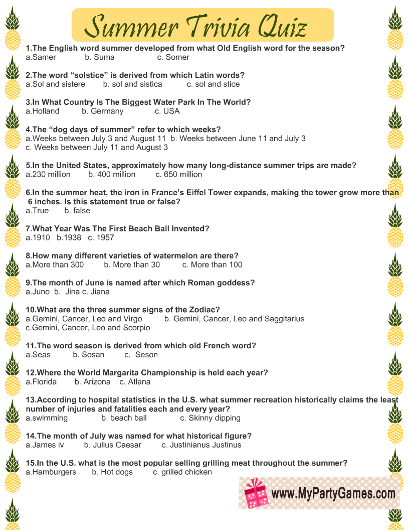 Summer Trivia Quiz Free Printable