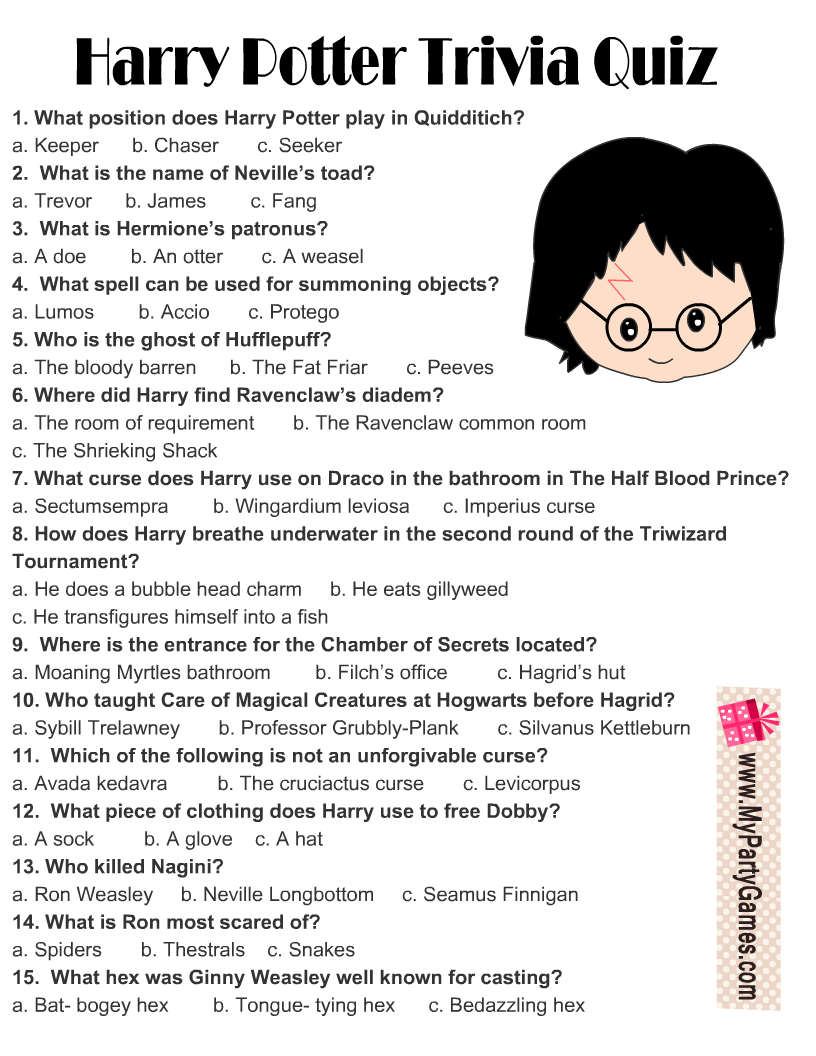 Harry Potter Trivia Quiz Printable