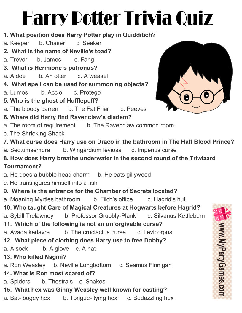 Free Printable Harry Potter Trivia Quiz With Answer Key