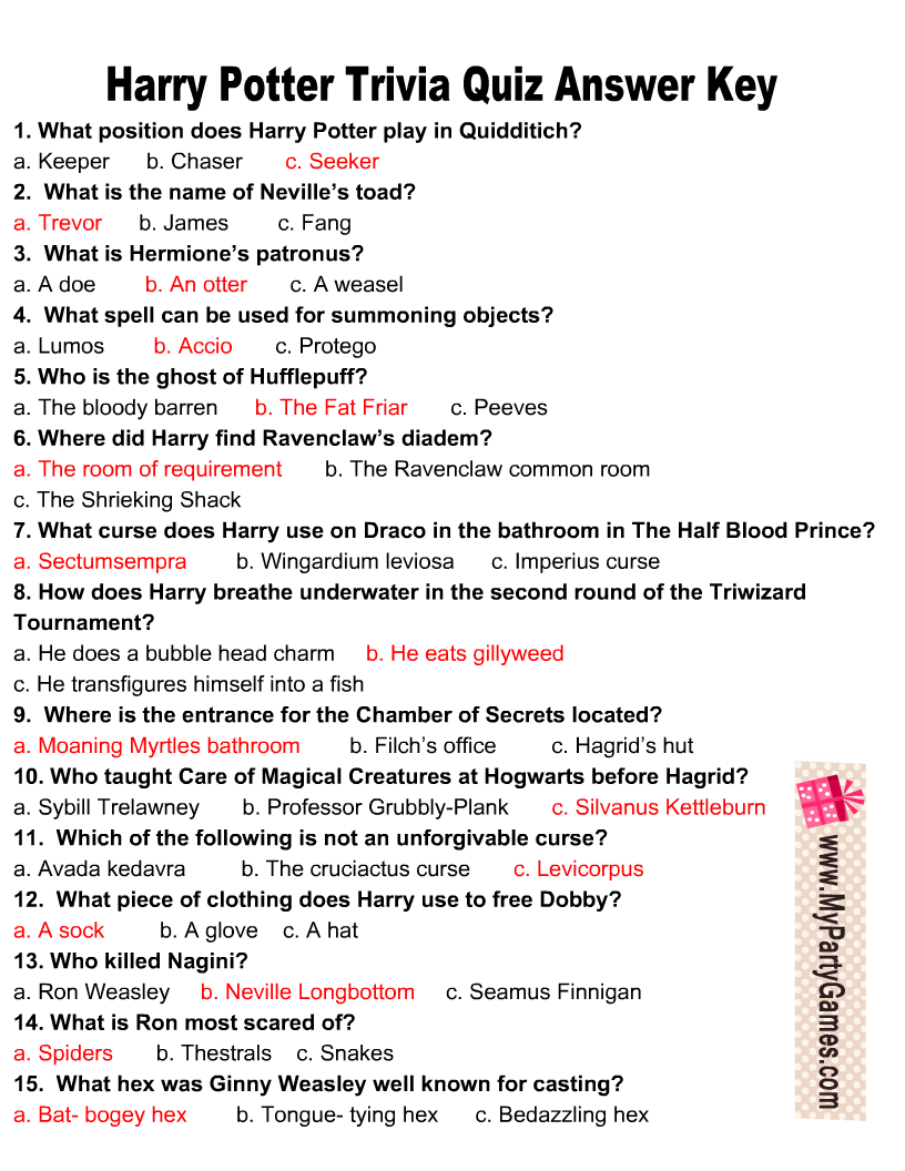 Harry Potter Trivia Quiz with Answer Key
