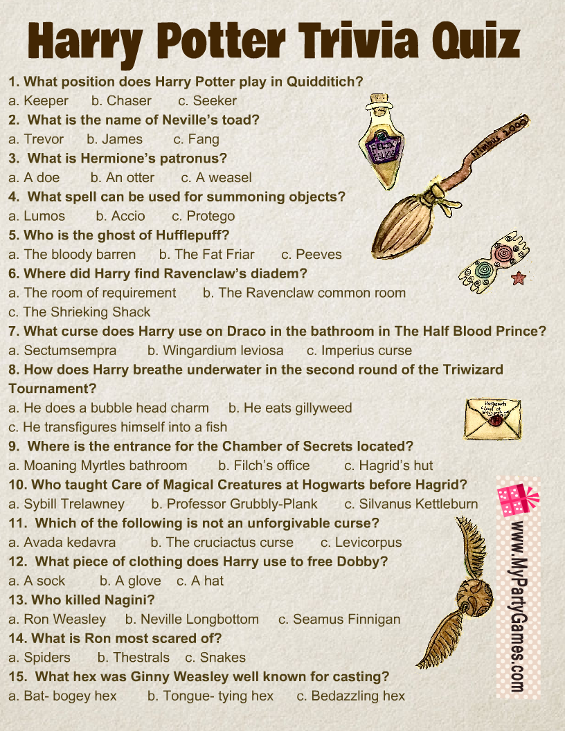 Free Printable Harry Potter Trivia Quiz