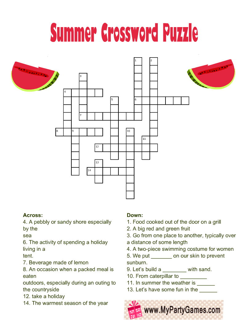 Summer Crossword Puzzle Free Printable 