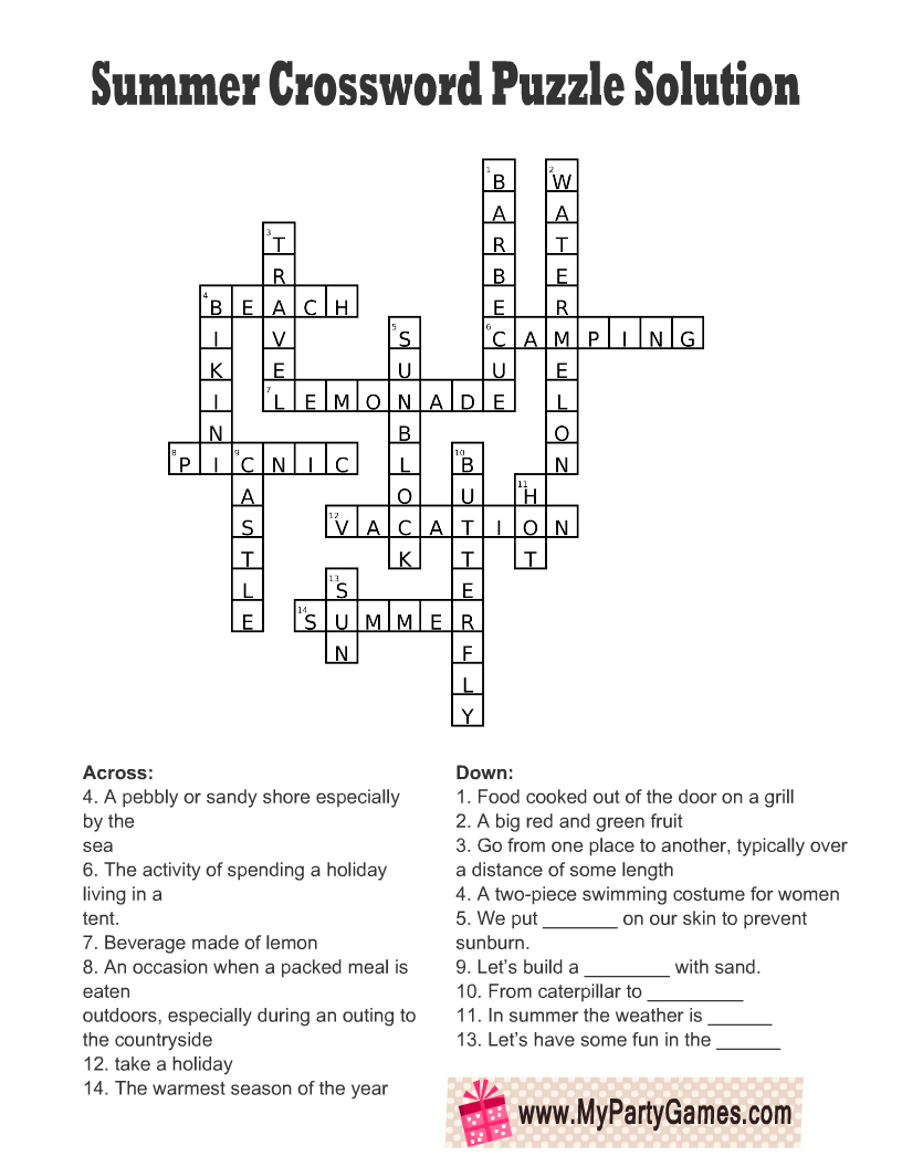 Summer Crossword Puzzle Answer Key