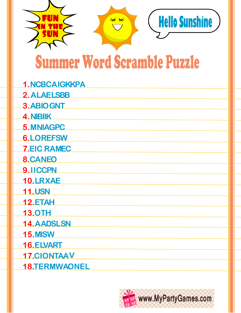 Free Printable Summer Word Scramble Puzzle