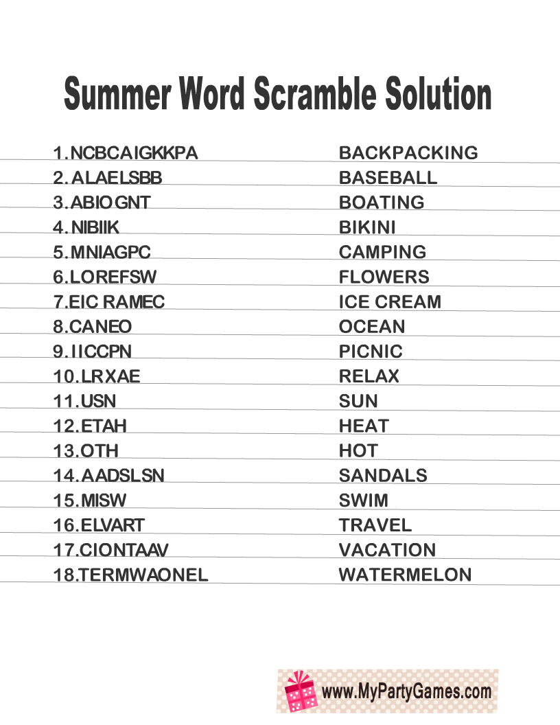 Summer Word Scramble Puzzle Answer Key