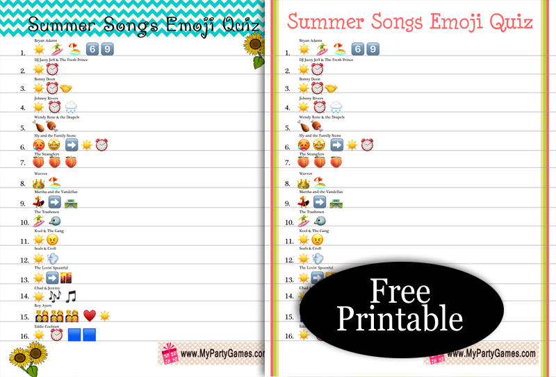 Free Printable Summer Songs Emoji Quiz