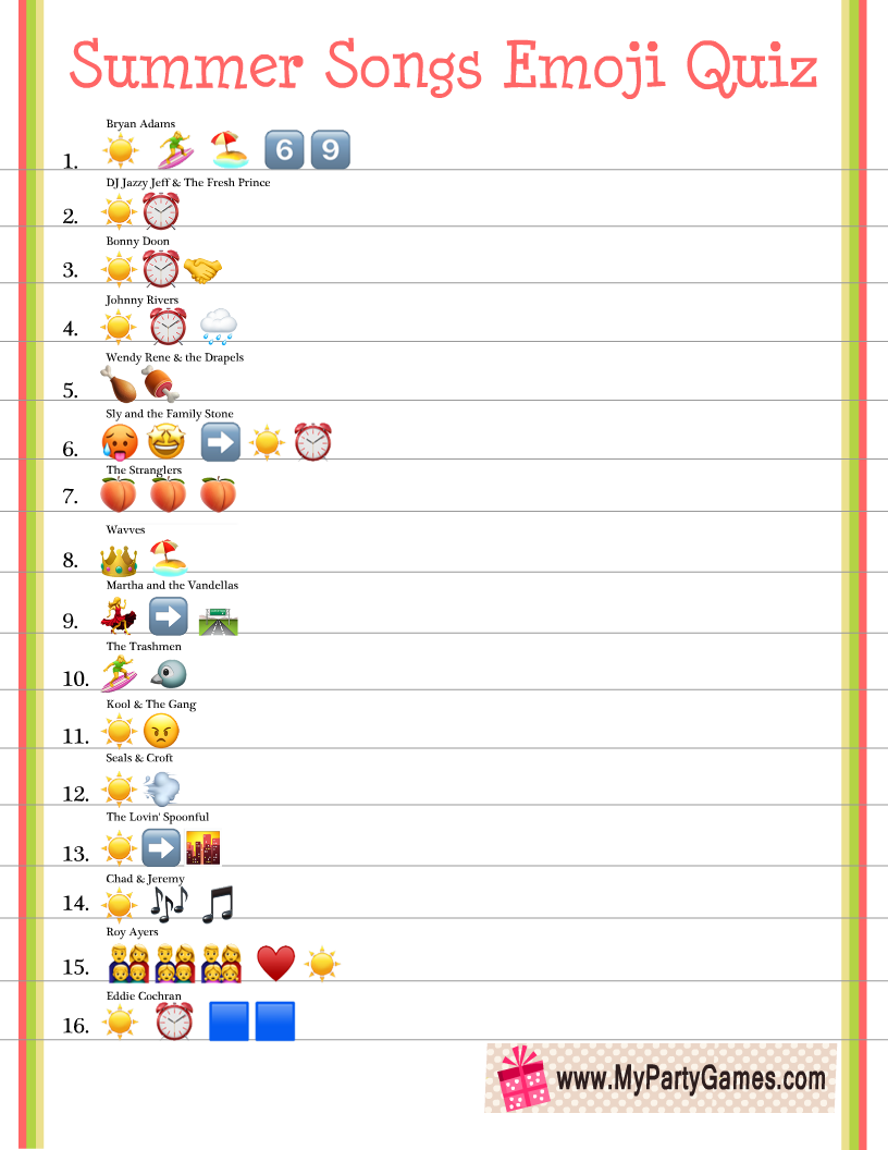 Summer Songs Emoji Quiz Printable 