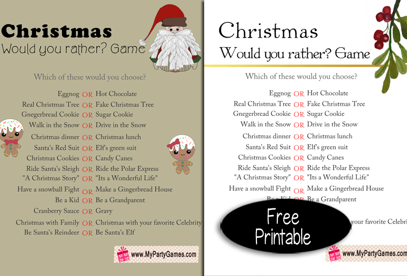 Free Printable Would You Rather? Christmas Game