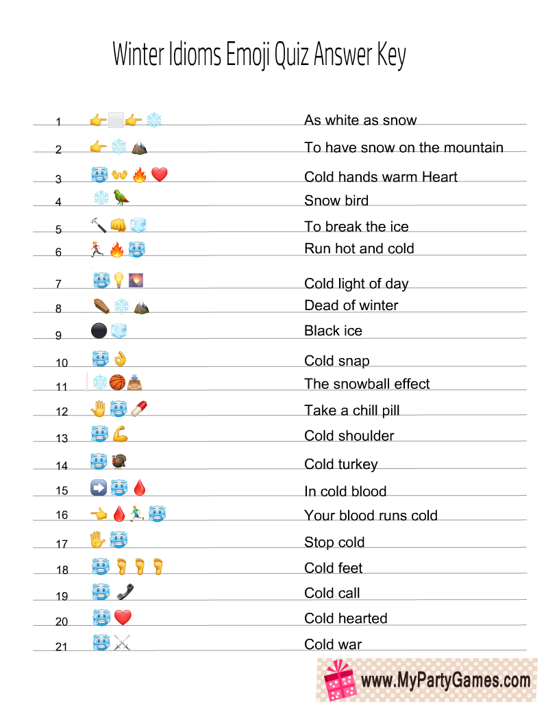 Winter Idioms Emoji Quiz Answer Key