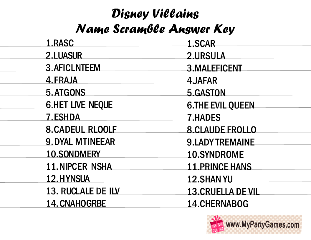 isney Villains Name Scramble Answer Key
