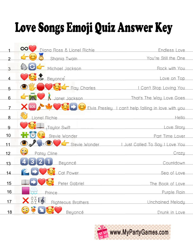  Famous Love Songs Emoji Quiz Answer Key