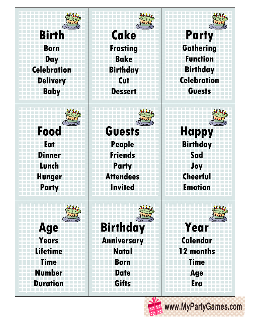 24 Free Printable Birthday Taboo inspired Game Cards