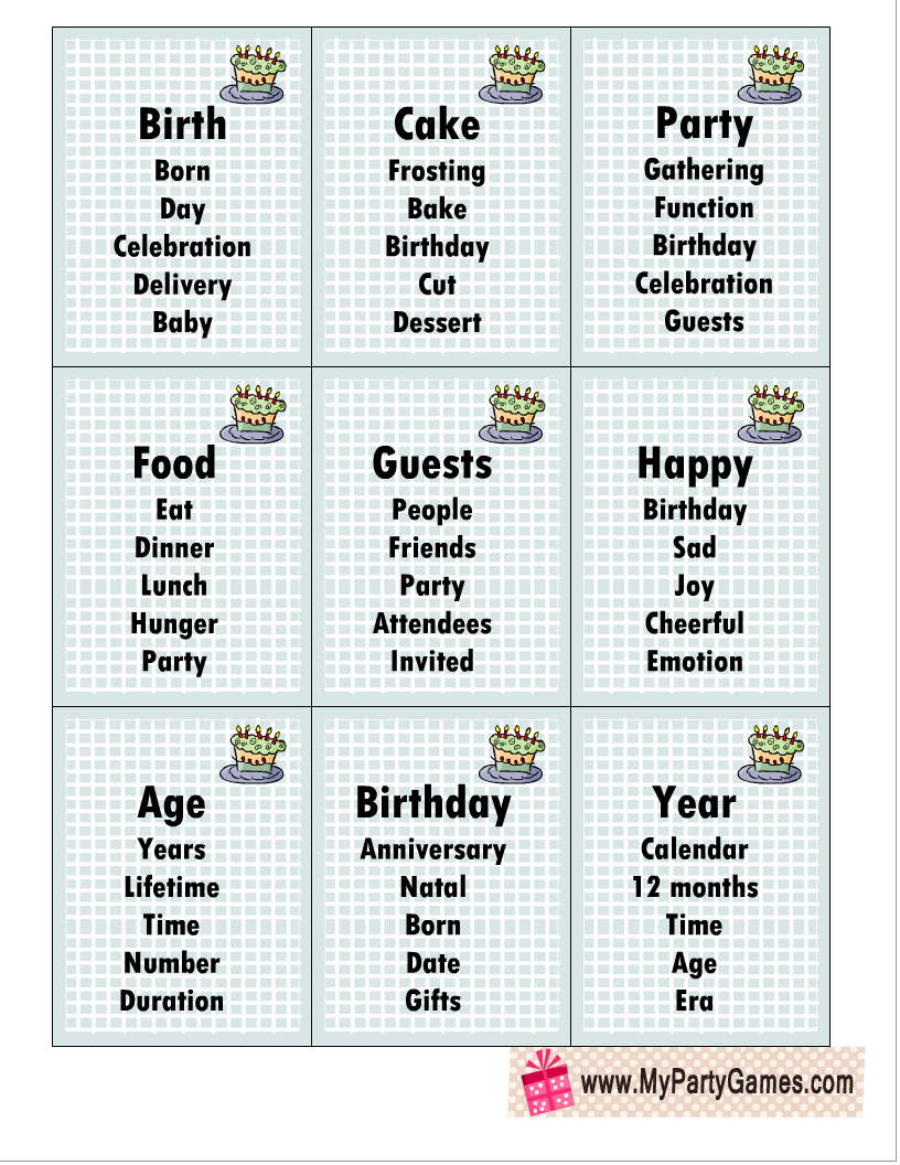 24 Free Printable Birthday Taboo Inspired Game Cards