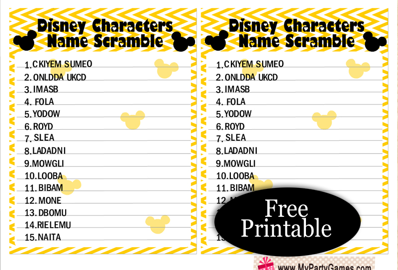Free Printable Famous Disney Characters Name Scramble Puzzle