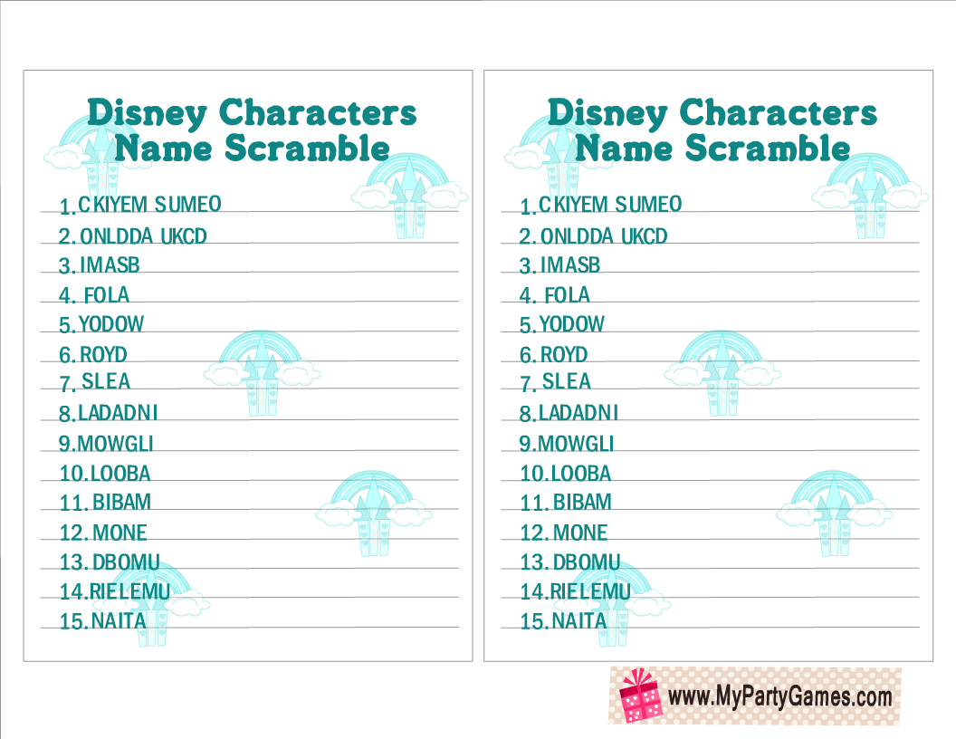 Free Printable Famous Disney Characters Name Scramble Puzzle