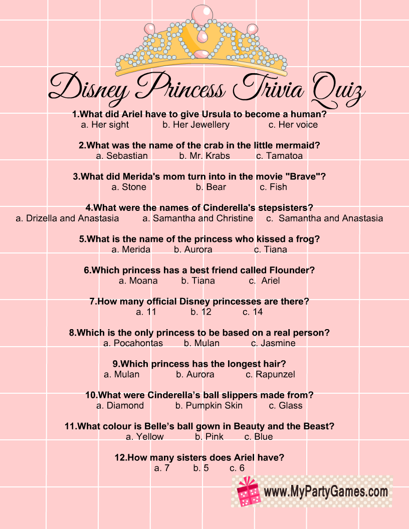 Printable Disney Princesses Trivia Quiz