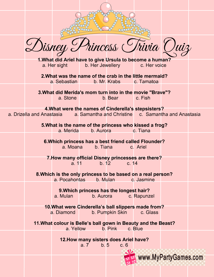 Free Printable Disney Princesses Trivia Quiz