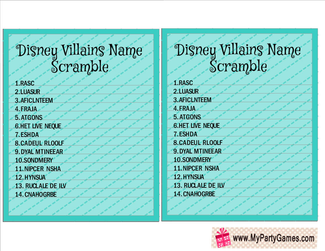 Free Printable Disney Villains Name Scramble