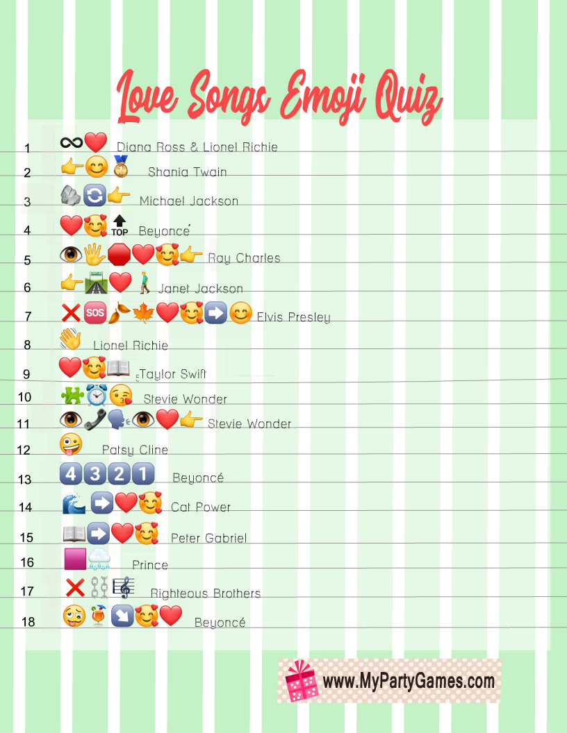 ous Love Songs Emoji Quiz Free Printable