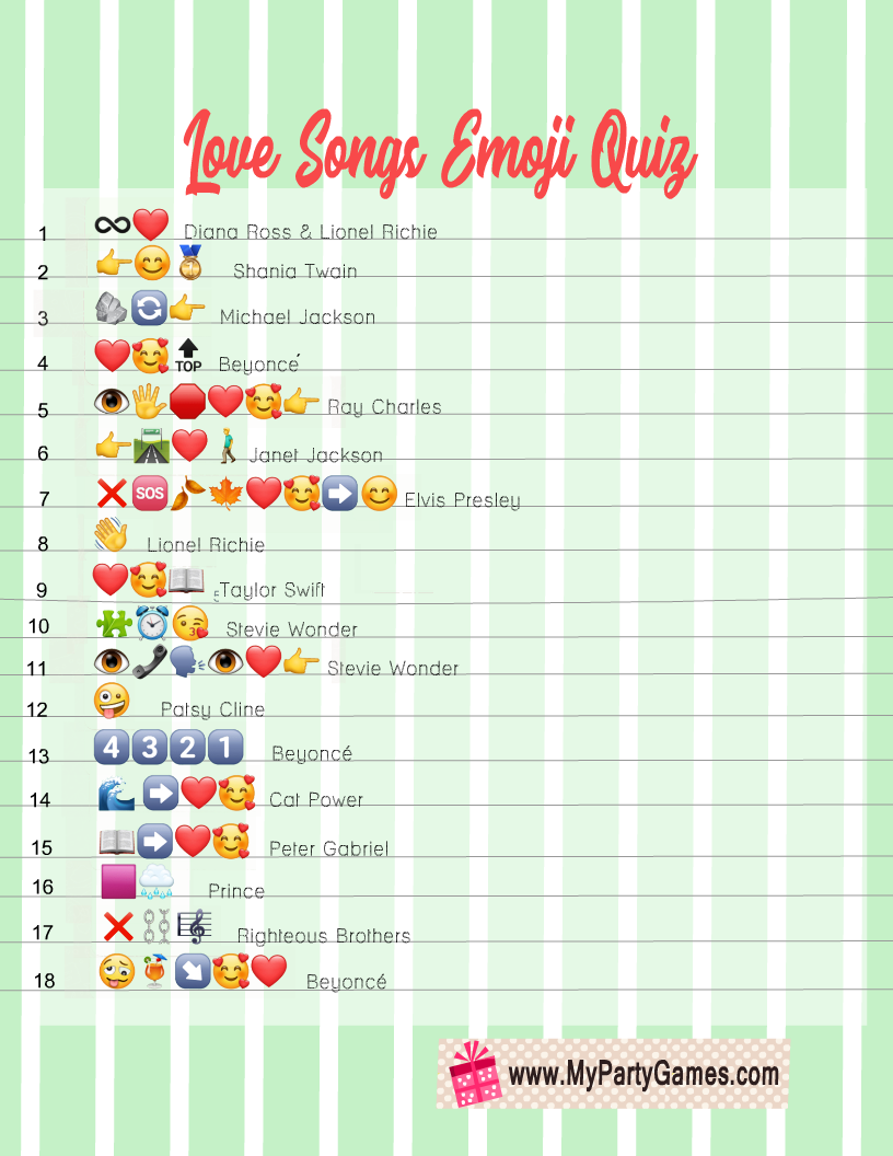 Free Printable Famous Love Songs Emoji Quiz