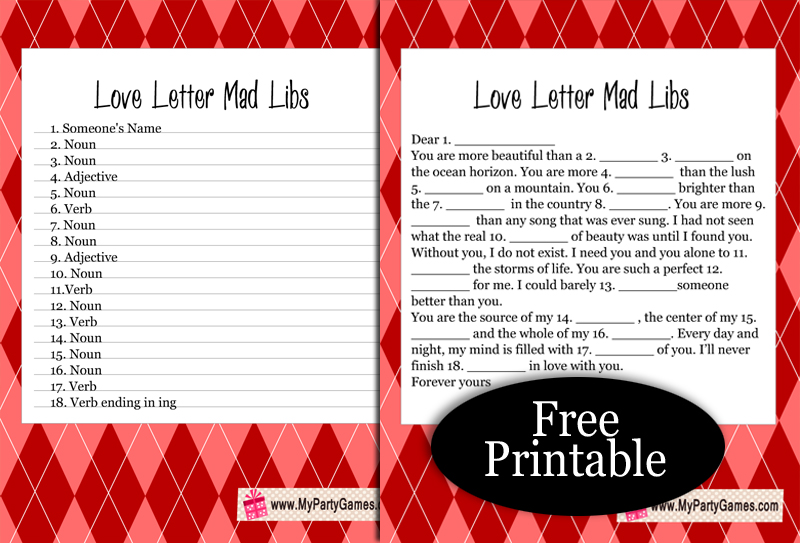Free Printable Love Letter Mad Libs for Valentine's Day
