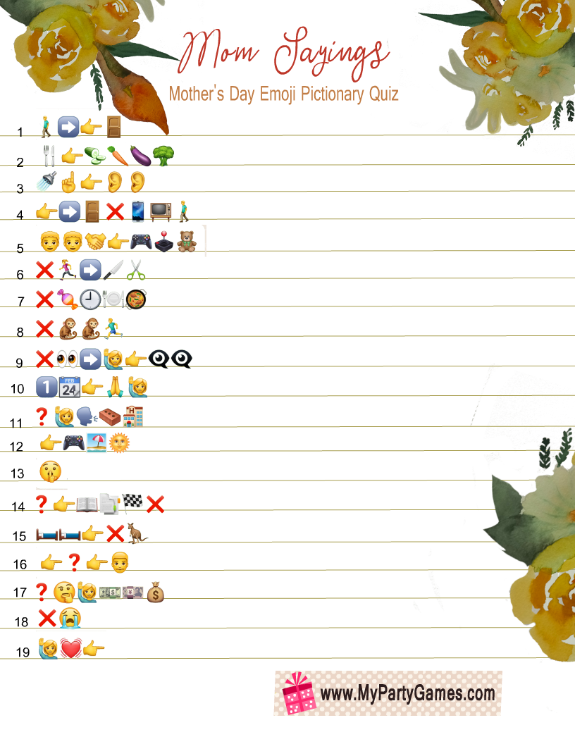 Mom Sayings, Free Printable Emoji Pictionary Quiz for Mother's Day 