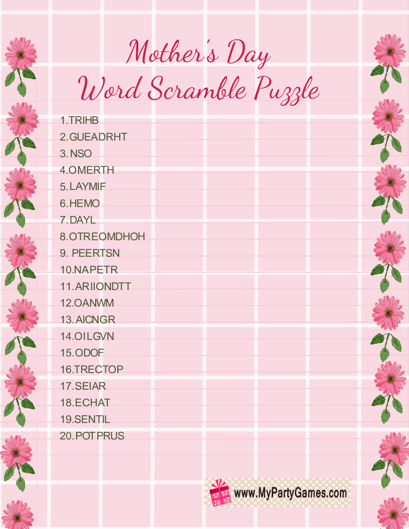 Free Printable Mother's Day Word Scramble Puzzle
