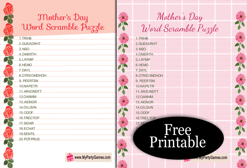 Free Printable Word Scramble Puzzle for Mother's Day