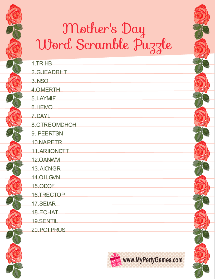 Free Printable Word Scramble Puzzle for Mother's Day