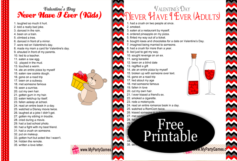 Free Printable Never Have I Ever Cards for Valentine's Day